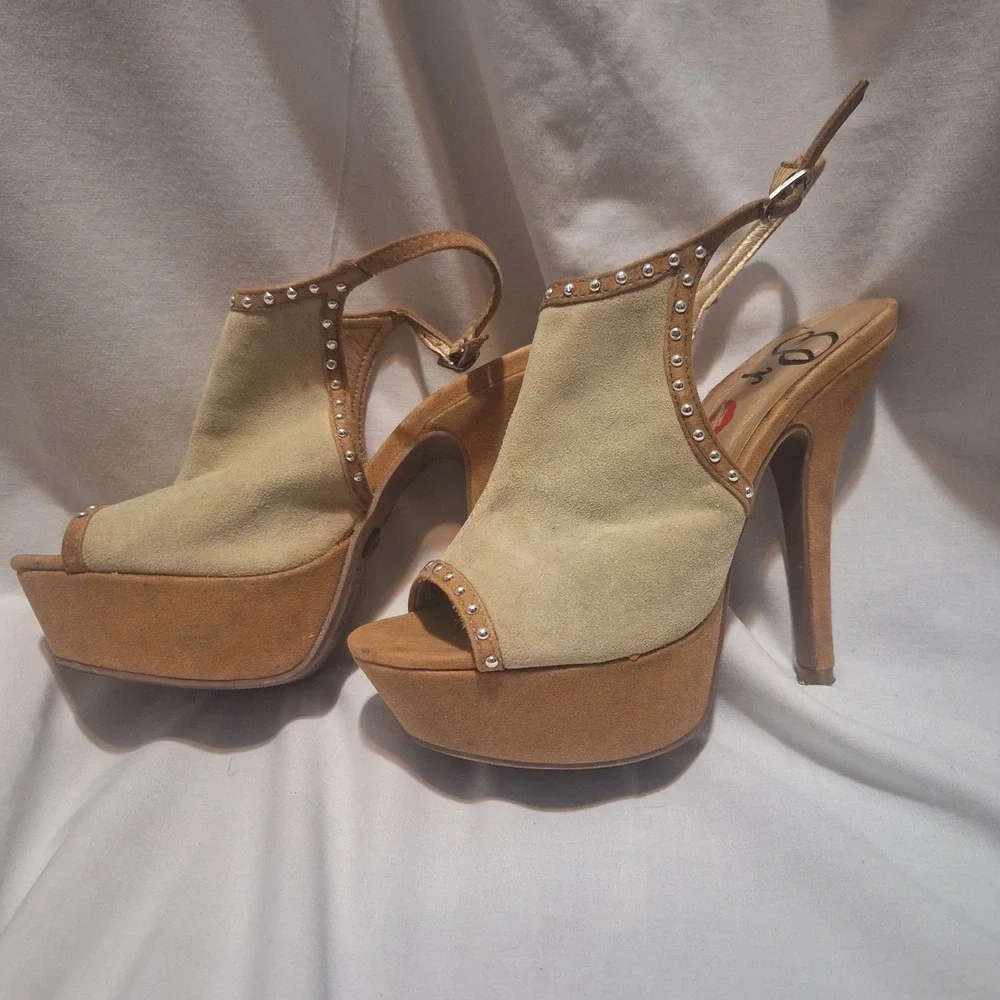Promise Tan Suede Studded Platform Slingback Stiletto Heels Peep Toe Sandals 5.5